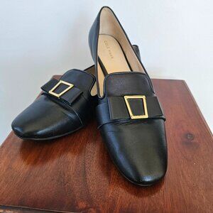 Cole Haan Black Leather Loafers w/ Bow & Gold Buckle, Sz. 8.5